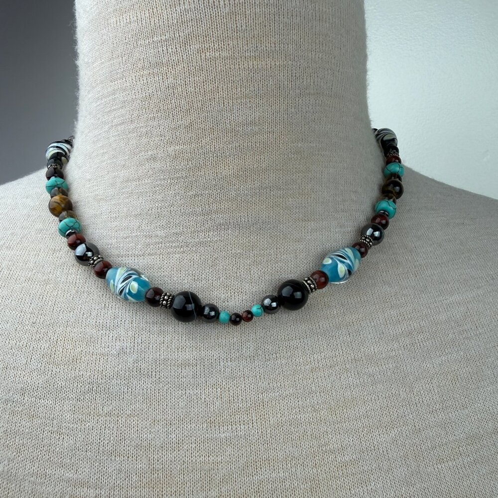 Art Glass, Howlite, Hematite, Tiger's Eye Beaded Necklace 18.5" - Picture 1 of 6